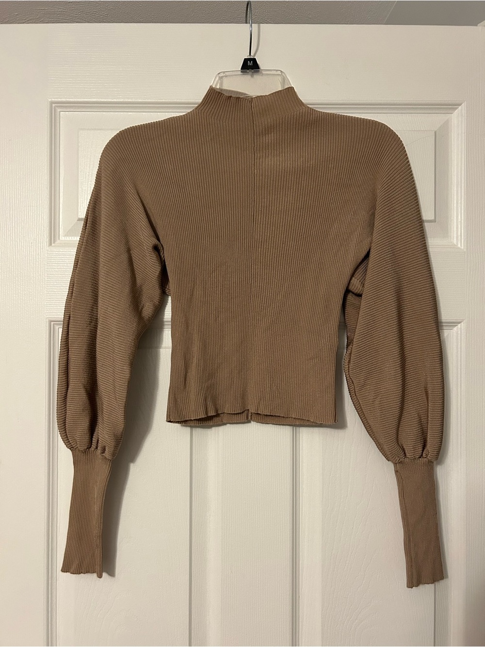 Zara Brown Mock Neck Ribbed Balloon Sleeve Top
